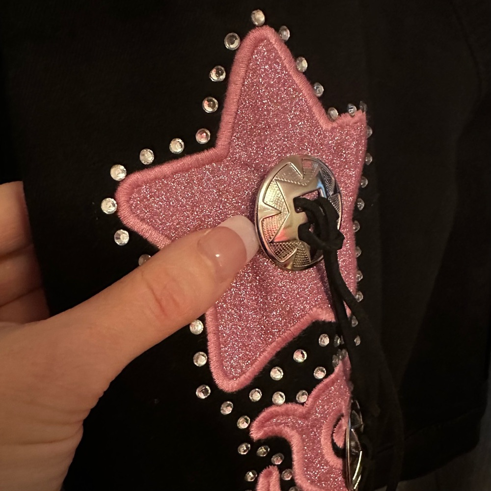 Sugar Thrillz Dolls Kill LONGING HEART Black Pink Denim Jacket Chaps SET L NWT - Picture 10 of 11